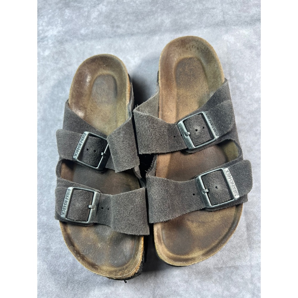 Birkenstock Arizona Sandals Mens 7 Womens 9 Grey Suede Two Strap Slides Cork